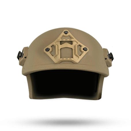 Rhone Helmet Tan Front View with Rails and Shroud