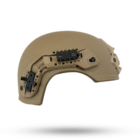 Rhone Helmet Tan Side View with Rails and Shroud